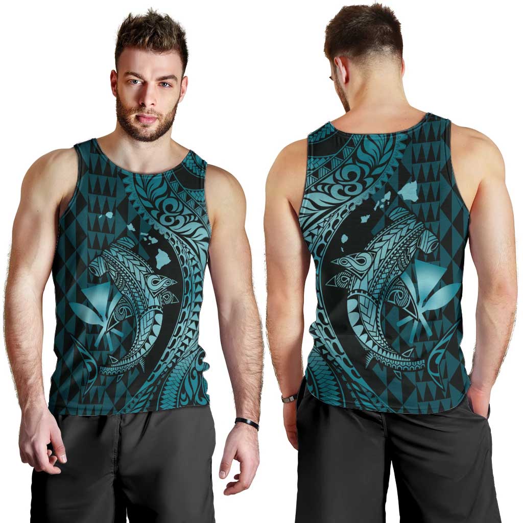 Aloha Hawaii Hammerhead Shark Men Tank Top Turquoise Kakau and Polynesian Tattoo LT03 - Polynesian Pride