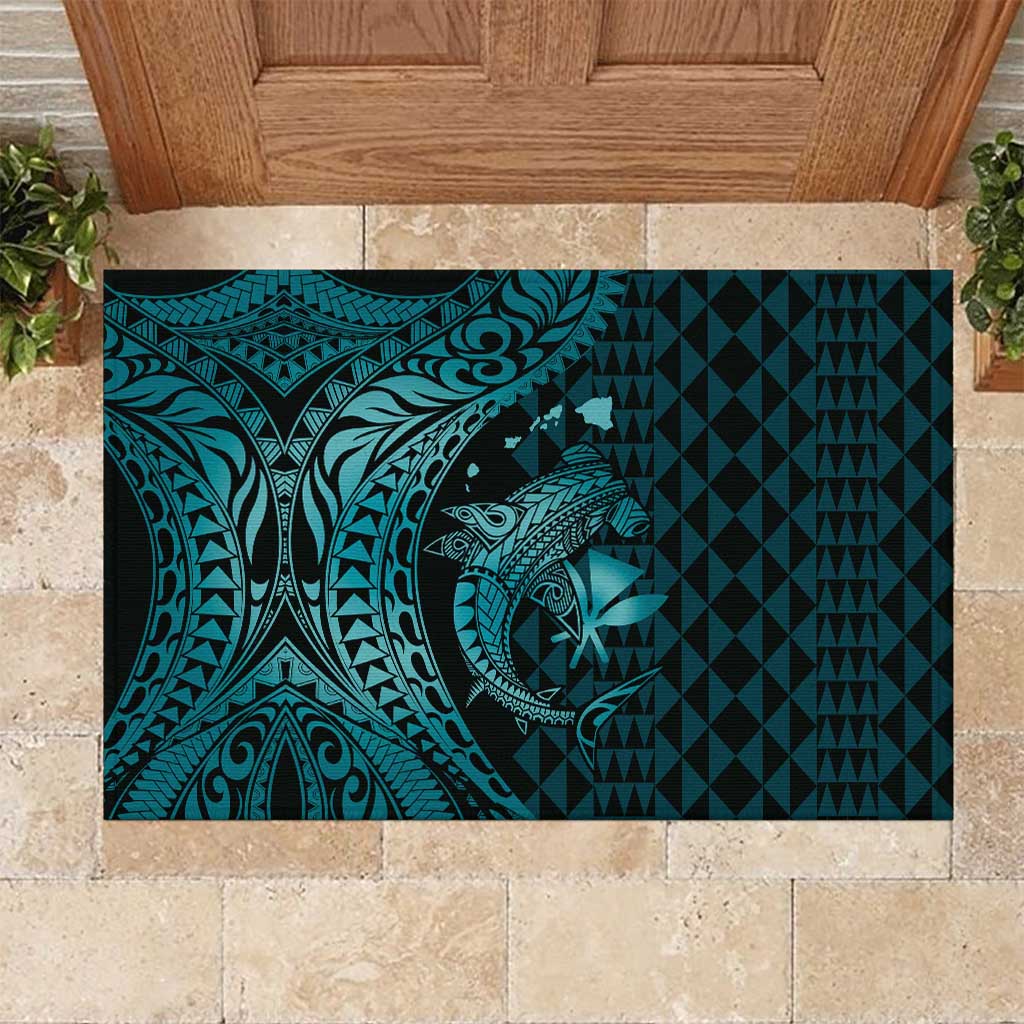 Aloha Hawaii Hammerhead Shark Rubber Doormat Turquoise Kakau and Polynesian Tattoo LT03 Turquoise - Polynesian Pride