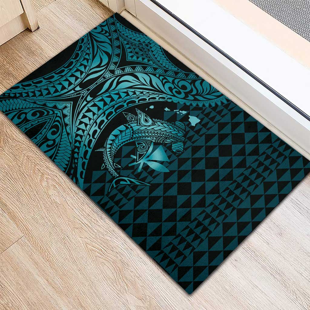 Aloha Hawaii Hammerhead Shark Rubber Doormat Turquoise Kakau and Polynesian Tattoo LT03 - Polynesian Pride