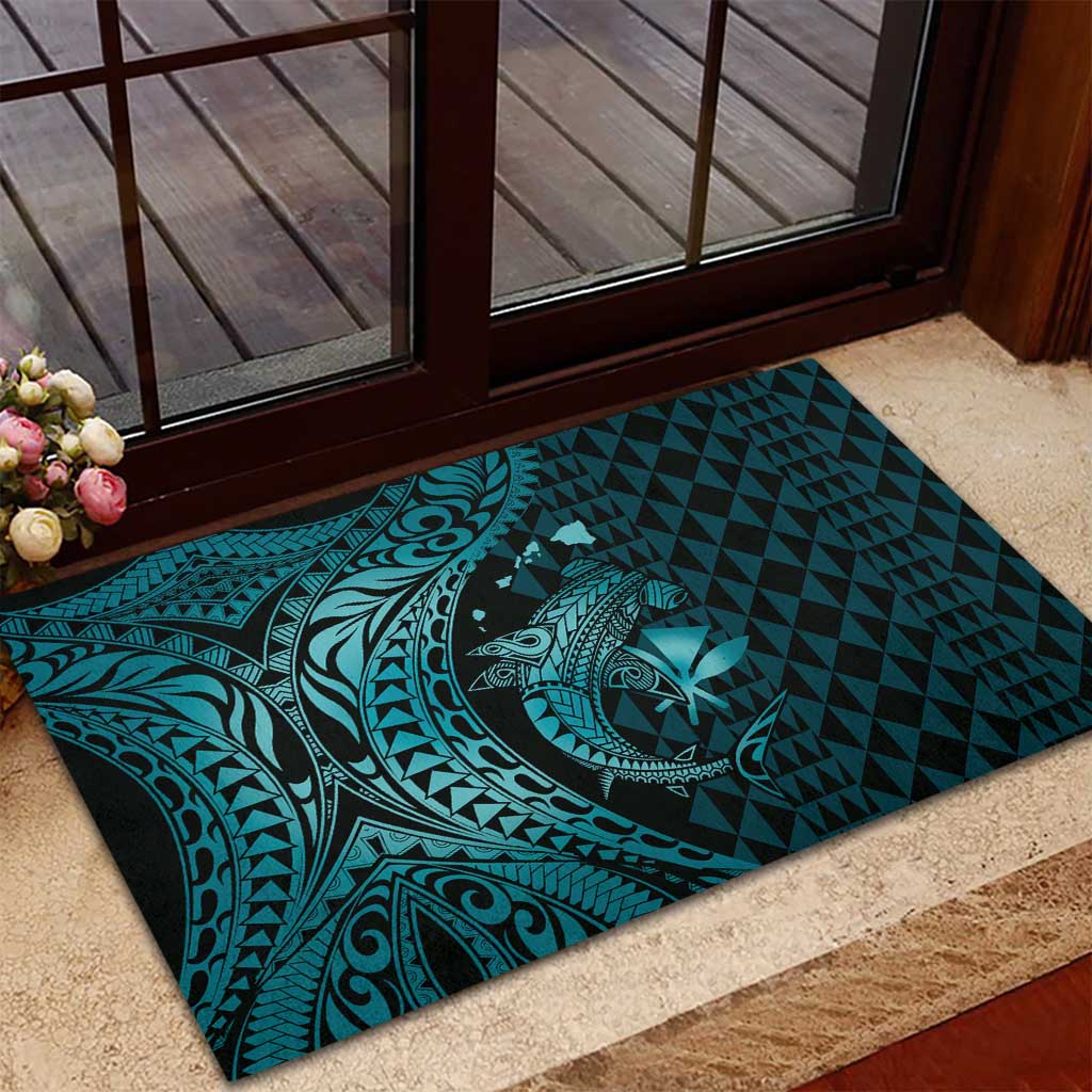Aloha Hawaii Hammerhead Shark Rubber Doormat Turquoise Kakau and Polynesian Tattoo LT03 - Polynesian Pride