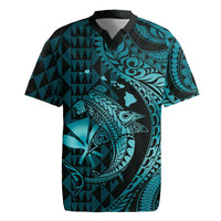 Aloha Hawaii Hammerhead Shark Rugby Jersey Turquoise Kakau and Polynesian Tattoo LT03 Turquoise - Polynesian Pride