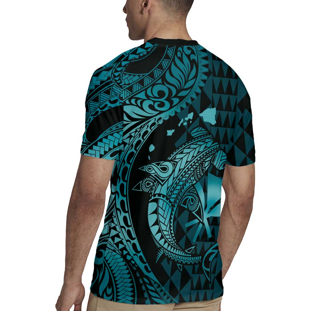 Aloha Hawaii Hammerhead Shark Rugby Jersey Turquoise Kakau and Polynesian Tattoo LT03 - Polynesian Pride
