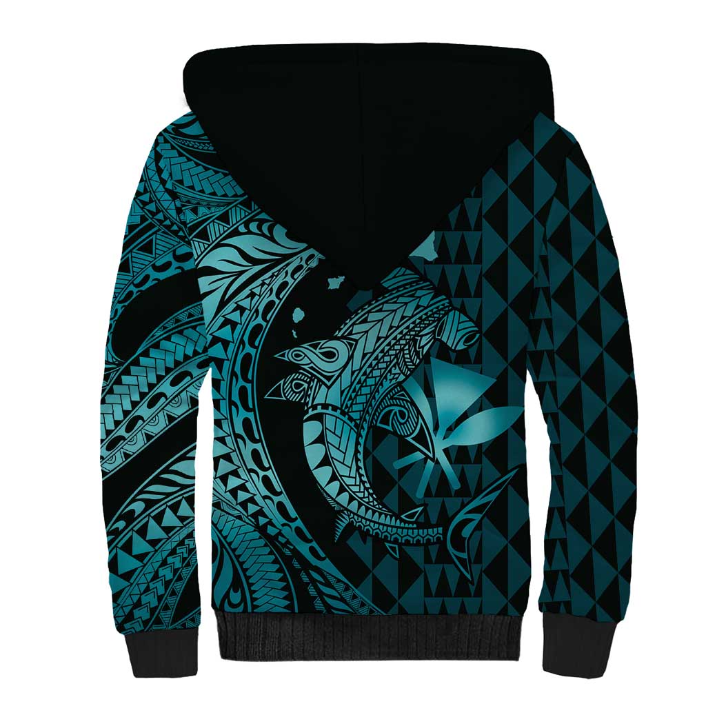 Aloha Hawaii Hammerhead Shark Sherpa Hoodie Turquoise Kakau and Polynesian Tattoo LT03 - Polynesian Pride