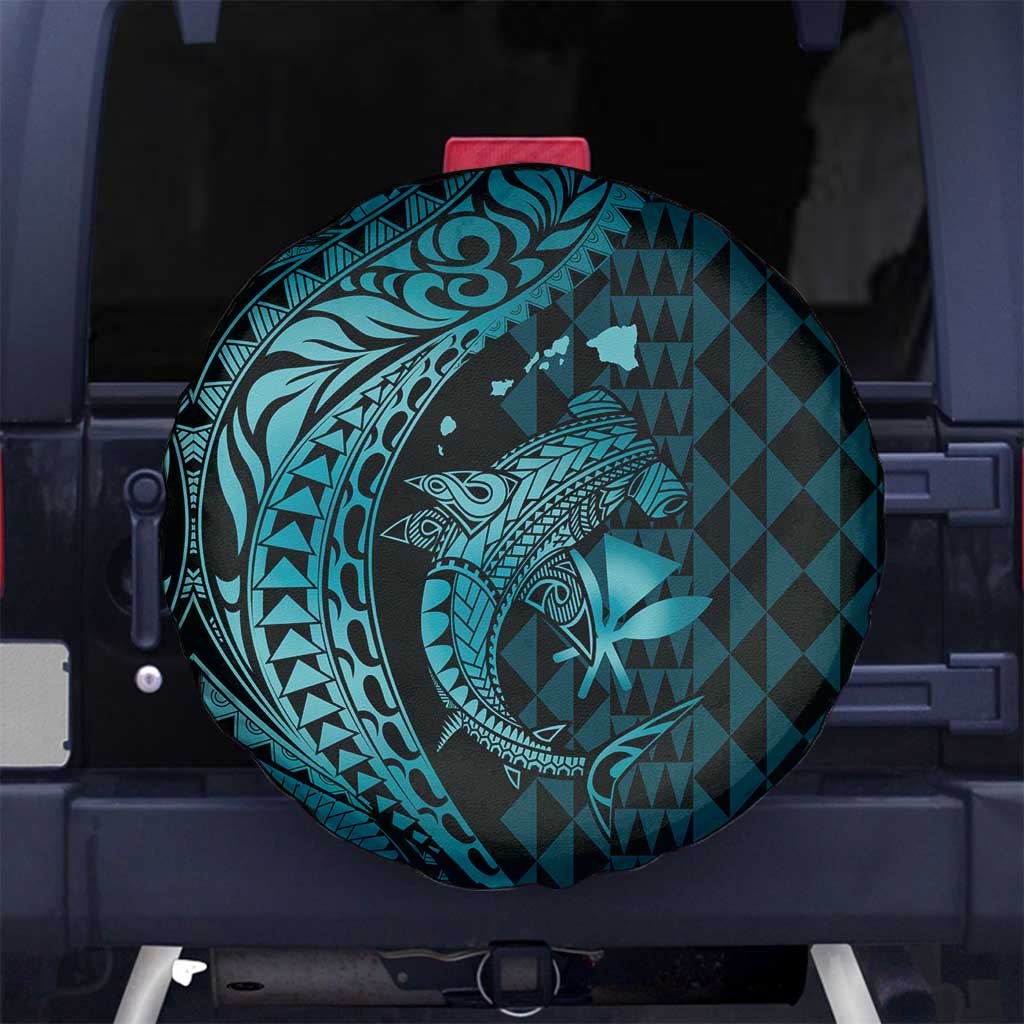 Aloha Hawaii Hammerhead Shark Spare Tire Cover Turquoise Kakau and Polynesian Tattoo LT03 - Polynesian Pride