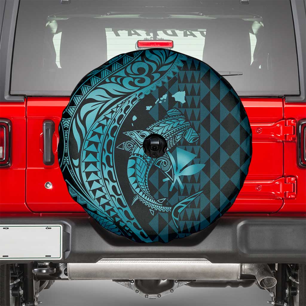 Aloha Hawaii Hammerhead Shark Spare Tire Cover Turquoise Kakau and Polynesian Tattoo LT03 - Polynesian Pride
