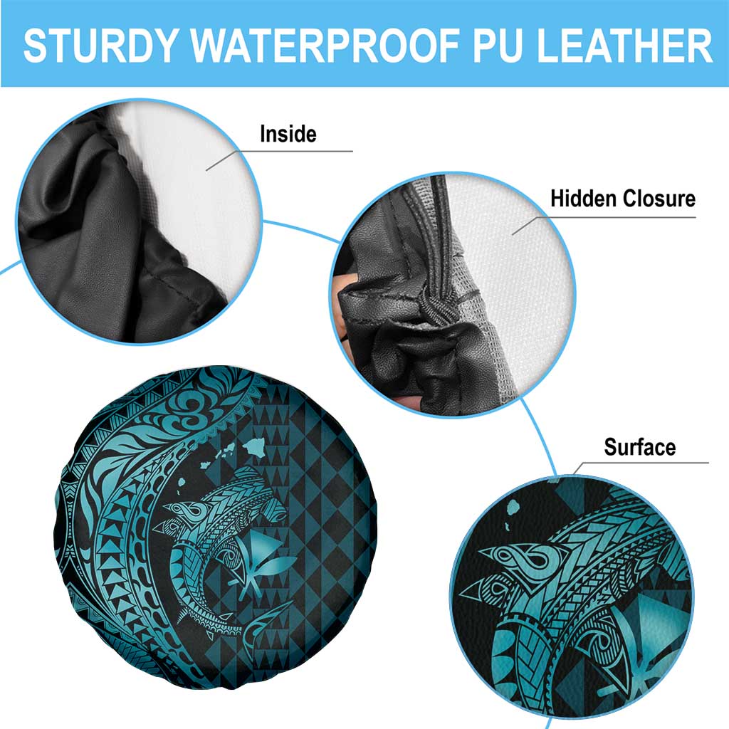 Aloha Hawaii Hammerhead Shark Spare Tire Cover Turquoise Kakau and Polynesian Tattoo LT03 - Polynesian Pride