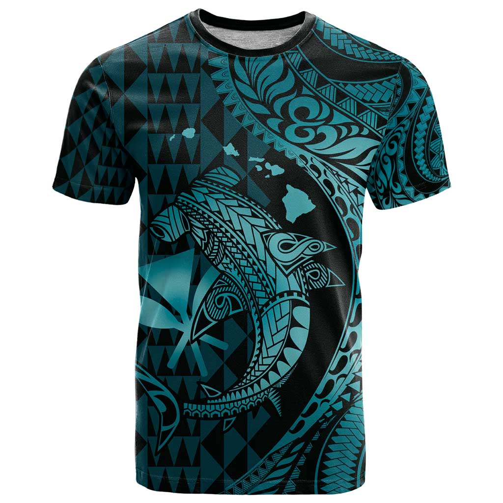 Aloha Hawaii Hammerhead Shark T Shirt Turquoise Kakau and Polynesian Tattoo LT03