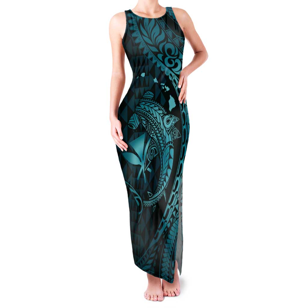 Aloha Hawaii Hammerhead Shark Tank Maxi Dress Turquoise Kakau and Polynesian Tattoo LT03