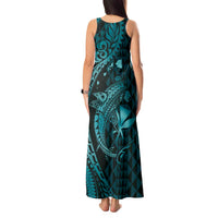 Aloha Hawaii Hammerhead Shark Tank Maxi Dress Turquoise Kakau and Polynesian Tattoo LT03