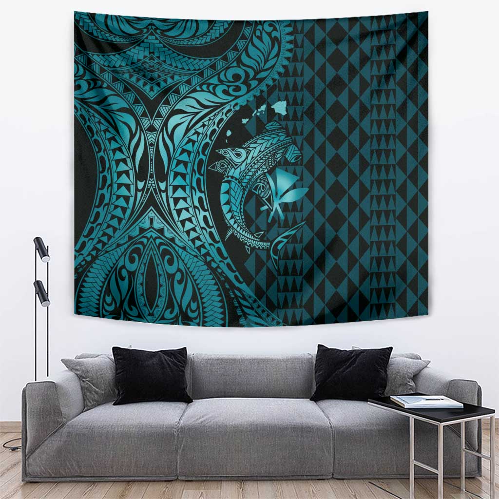 Aloha Hawaii Hammerhead Shark Tapestry Turquoise Kakau and Polynesian Tattoo LT03