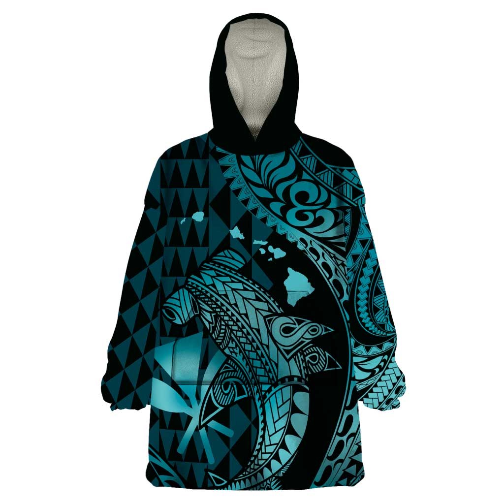 Aloha Hawaii Hammerhead Shark Wearable Blanket Hoodie Turquoise Kakau and Polynesian Tattoo LT03 One Size Turquoise - Polynesian Pride