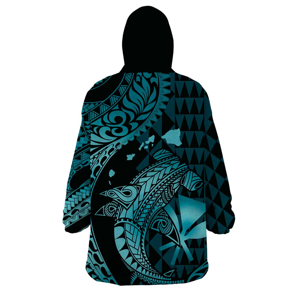 Aloha Hawaii Hammerhead Shark Wearable Blanket Hoodie Turquoise Kakau and Polynesian Tattoo LT03 - Polynesian Pride
