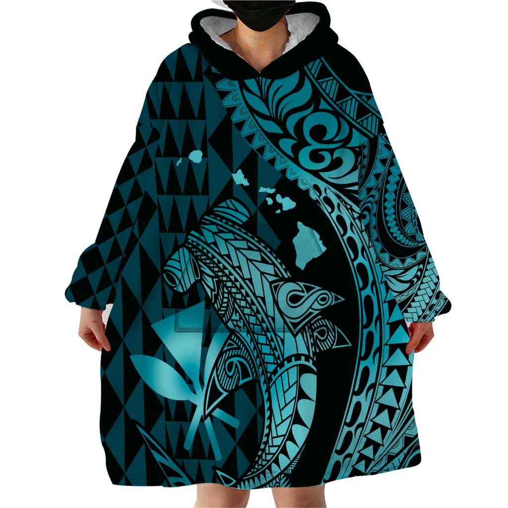 Aloha Hawaii Hammerhead Shark Wearable Blanket Hoodie Turquoise Kakau and Polynesian Tattoo LT03 - Polynesian Pride