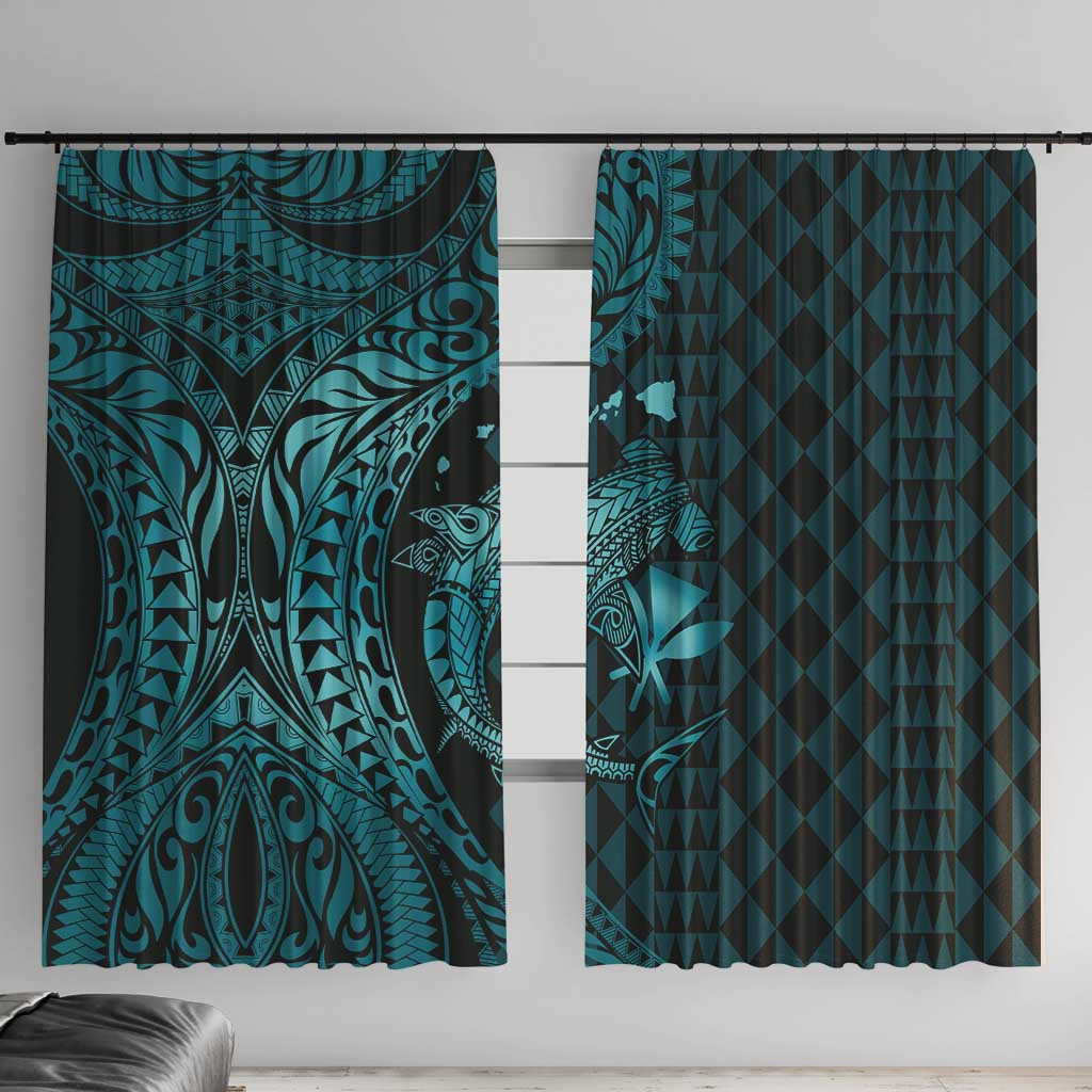 Aloha Hawaii Hammerhead Shark Window Curtain Turquoise Kakau and Polynesian Tattoo LT03 With Hooks Turquoise - Polynesian Pride