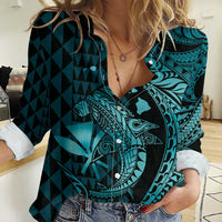 Aloha Hawaii Hammerhead Shark Women Casual Shirt Turquoise Kakau and Polynesian Tattoo LT03
