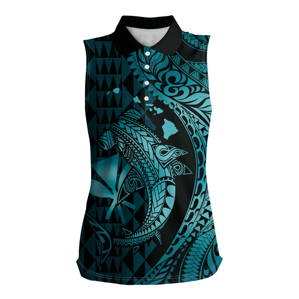 Aloha Hawaii Hammerhead Shark Women Sleeveless Polo Shirt Turquoise Kakau and Polynesian Tattoo LT03