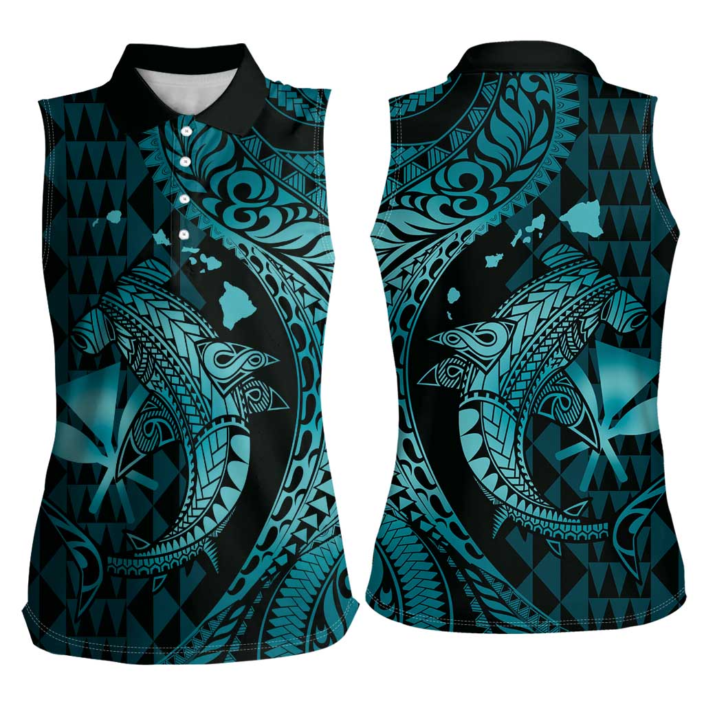 Aloha Hawaii Hammerhead Shark Women Sleeveless Polo Shirt Turquoise Kakau and Polynesian Tattoo LT03