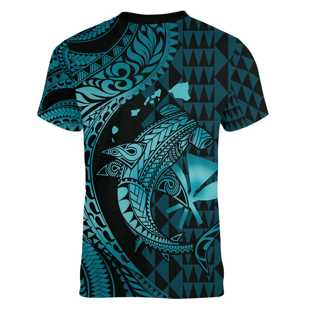 Aloha Hawaii Hammerhead Shark Women V-Neck T-Shirt Turquoise Kakau and Polynesian Tattoo LT03