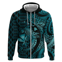 Aloha Hawaii Hammerhead Shark Zip Hoodie Turquoise Kakau and Polynesian Tattoo LT03