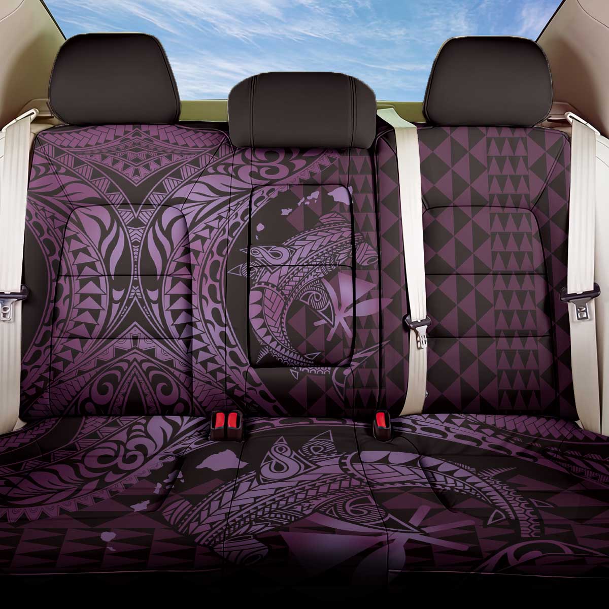 Aloha Hawaii Hammerhead Shark Back Car Seat Cover Purple Kakau and Polynesian Tattoo LT03