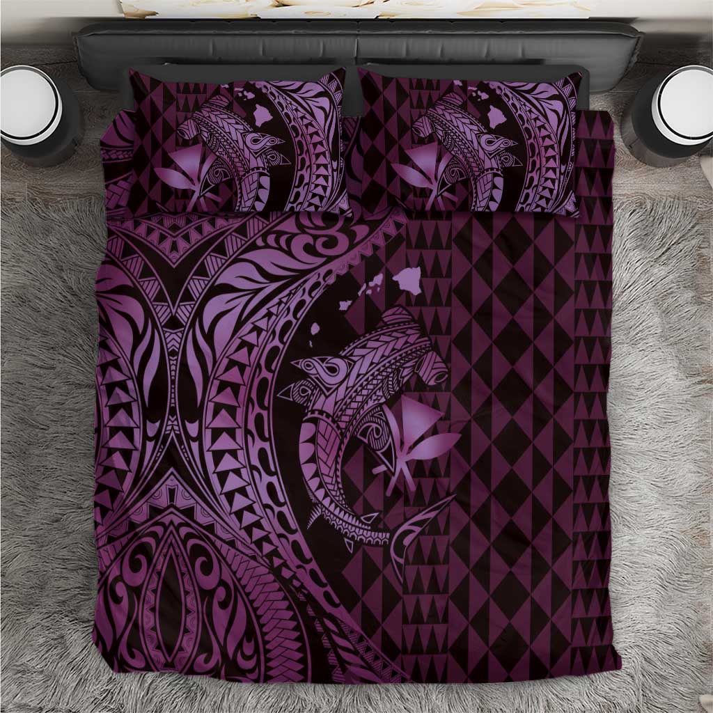 Aloha Hawaii Hammerhead Shark Bedding Set Purple Kakau and Polynesian Tattoo LT03