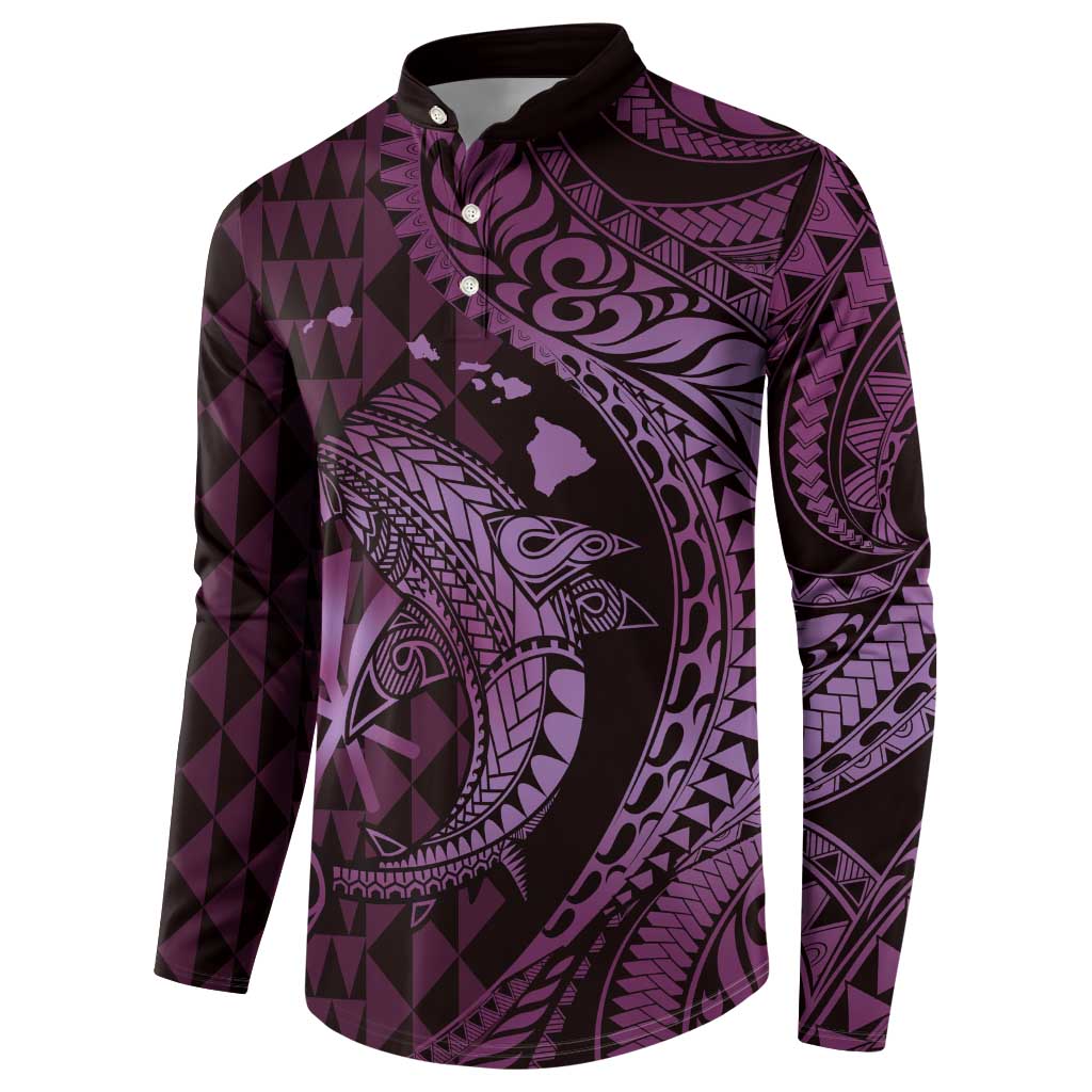 Aloha Hawaii Hammerhead Shark Button Sweatshirt Purple Kakau and Polynesian Tattoo LT03 - Polynesian Pride