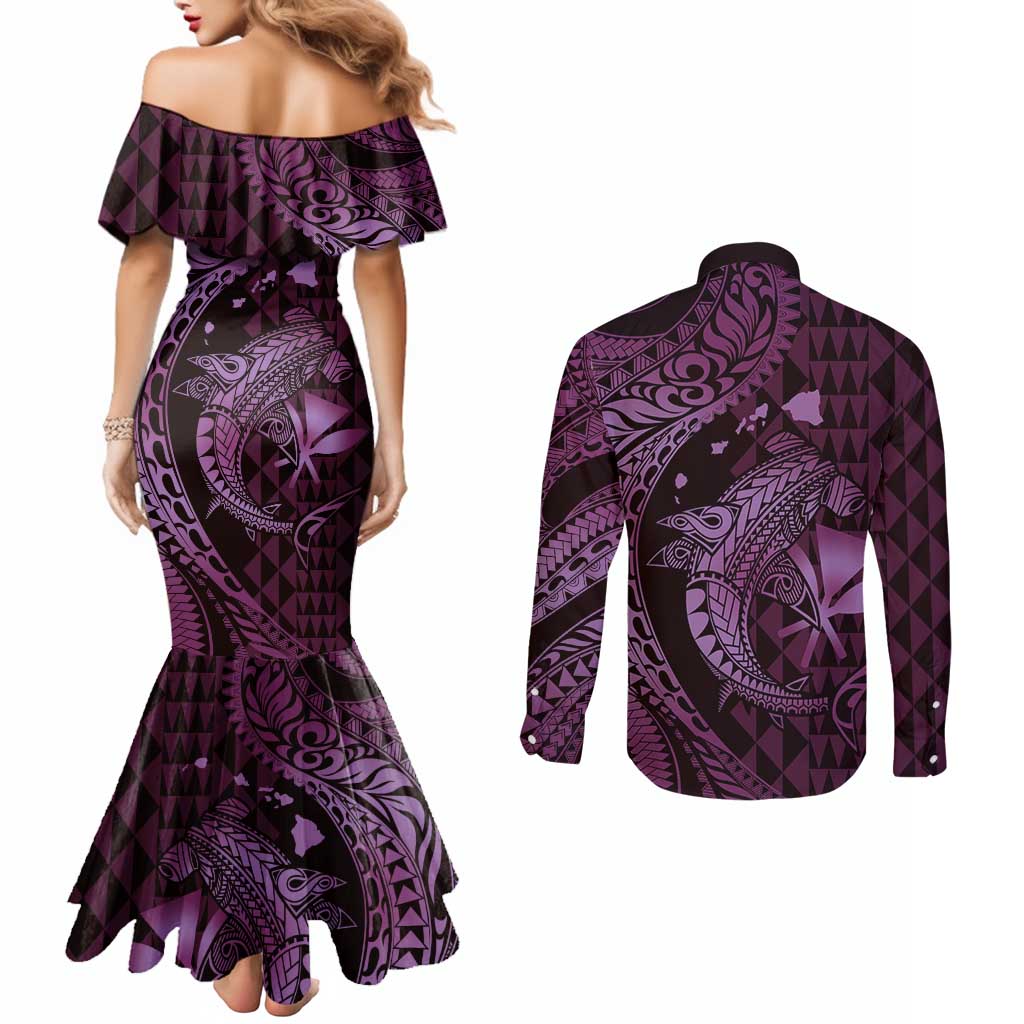Aloha Hawaii Hammerhead Shark Couples Matching Mermaid Dress and Long Sleeve Button Shirt Purple Kakau and Polynesian Tattoo LT03