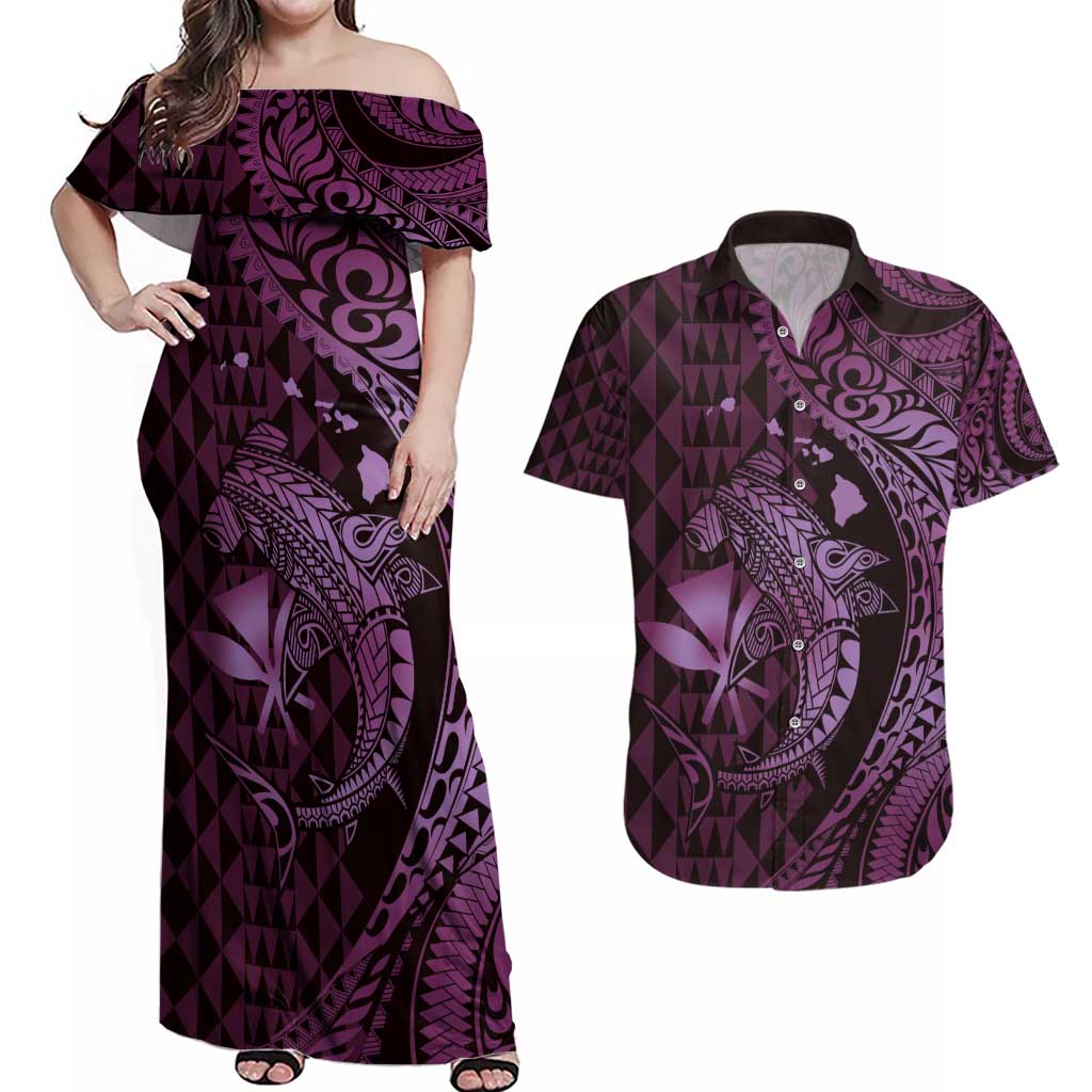 Aloha Hawaii Hammerhead Shark Couples Matching Off Shoulder Maxi Dress and Hawaiian Shirt Purple Kakau and Polynesian Tattoo LT03