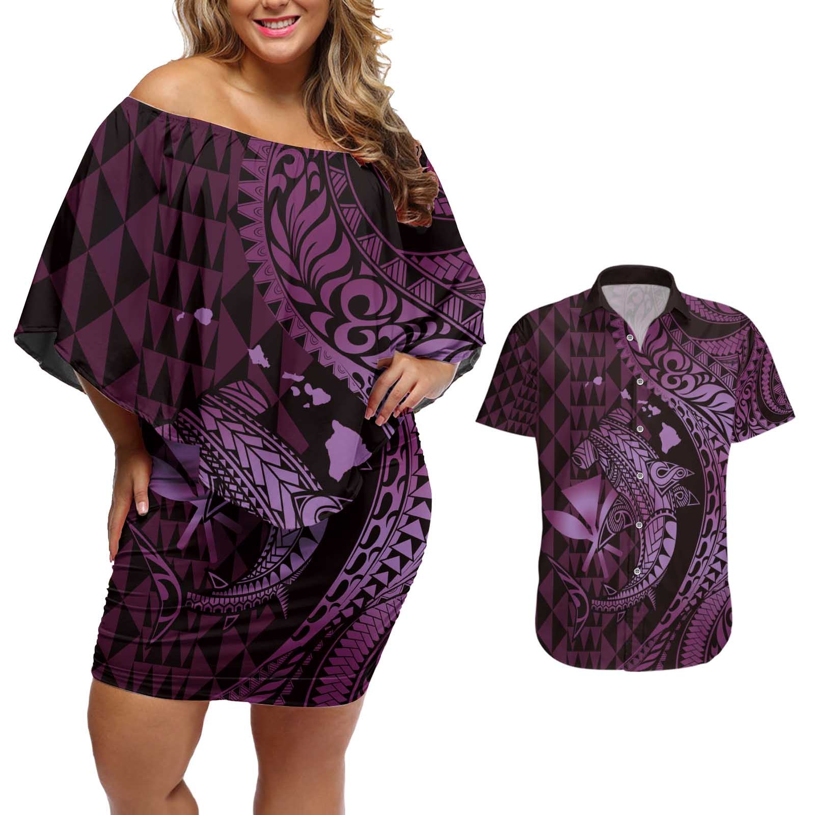 Aloha Hawaii Hammerhead Shark Couples Matching Off Shoulder Short Dress and Hawaiian Shirt Purple Kakau and Polynesian Tattoo LT03 Purple - Polynesian Pride