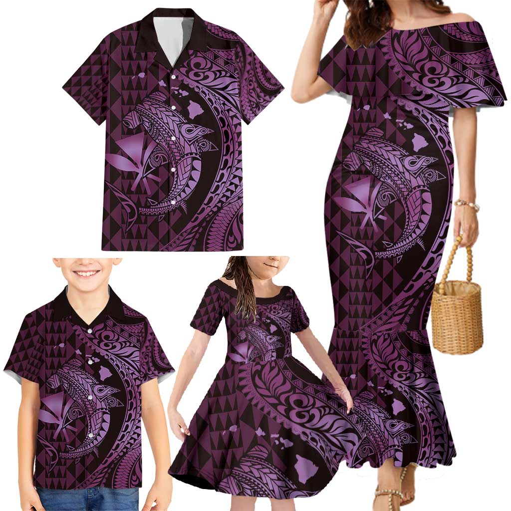 Aloha Hawaii Hammerhead Shark Family Matching Mermaid Dress and Hawaiian Shirt Purple Kakau and Polynesian Tattoo LT03