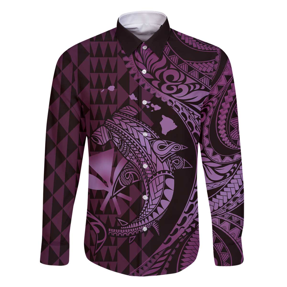 Aloha Hawaii Hammerhead Shark Family Matching Off The Shoulder Long Sleeve Dress and Hawaiian Shirt Purple Kakau and Polynesian Tattoo LT03