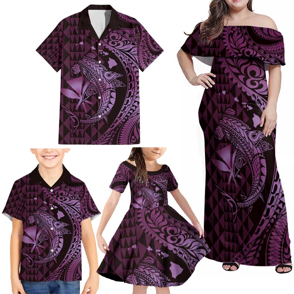 Aloha Hawaii Hammerhead Shark Family Matching Off Shoulder Maxi Dress and Hawaiian Shirt Purple Kakau and Polynesian Tattoo LT03