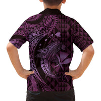 Aloha Hawaii Hammerhead Shark Family Matching Off Shoulder Short Dress and Hawaiian Shirt Purple Kakau and Polynesian Tattoo LT03