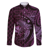 Aloha Hawaii Hammerhead Shark Family Matching Off Shoulder Short Dress and Hawaiian Shirt Purple Kakau and Polynesian Tattoo LT03
