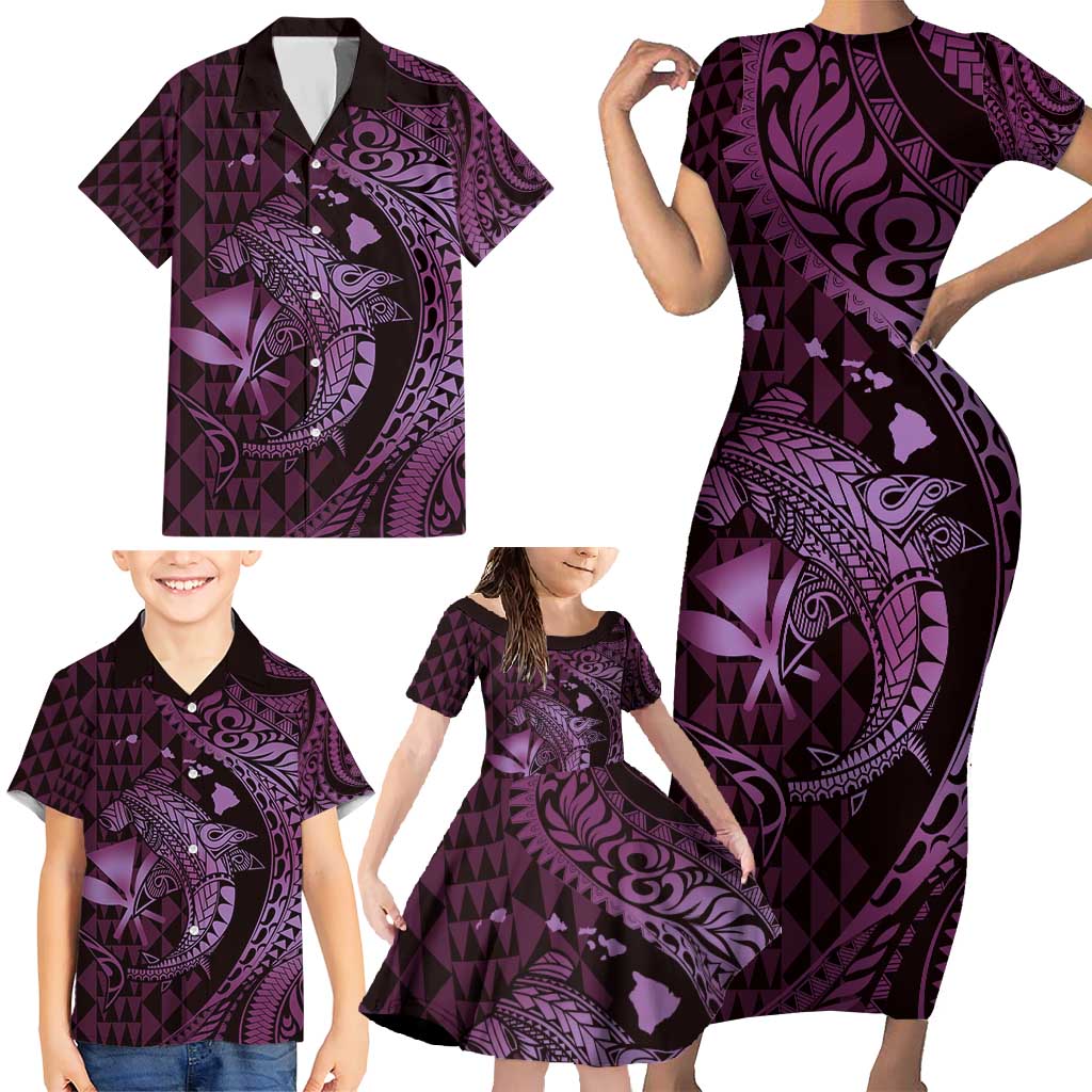 Aloha Hawaii Hammerhead Shark Family Matching Short Sleeve Bodycon Dress and Hawaiian Shirt Purple Kakau and Polynesian Tattoo LT03