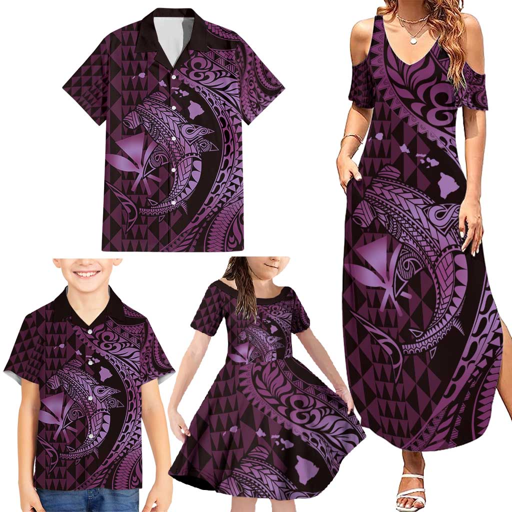 Aloha Hawaii Hammerhead Shark Family Matching Summer Maxi Dress and Hawaiian Shirt Purple Kakau and Polynesian Tattoo LT03