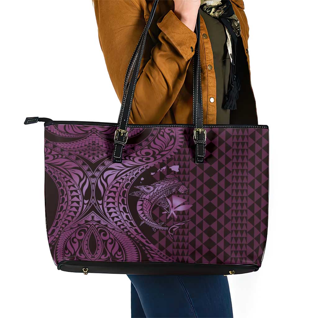 Aloha Hawaii Hammerhead Shark Leather Tote Bag Purple Kakau and Polynesian Tattoo LT03 - Polynesian Pride