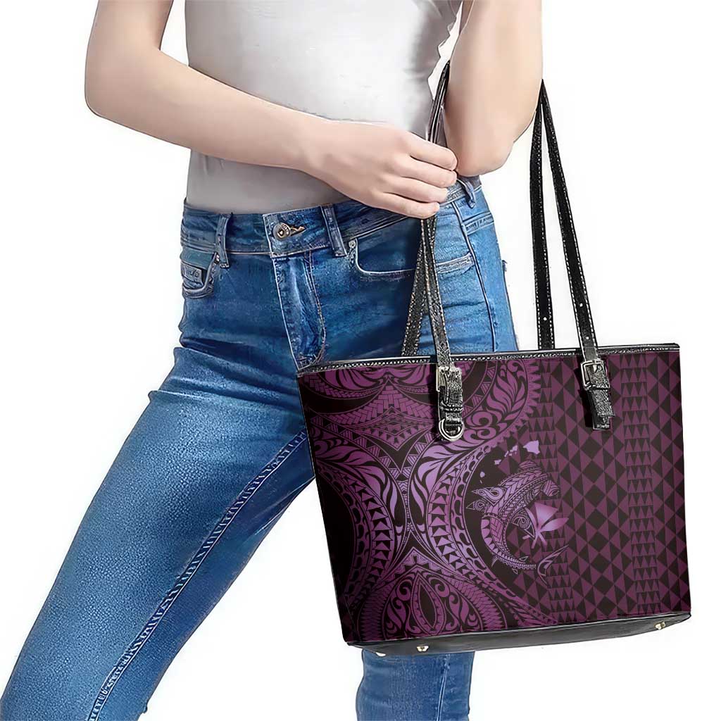 Aloha Hawaii Hammerhead Shark Leather Tote Bag Purple Kakau and Polynesian Tattoo LT03 - Polynesian Pride
