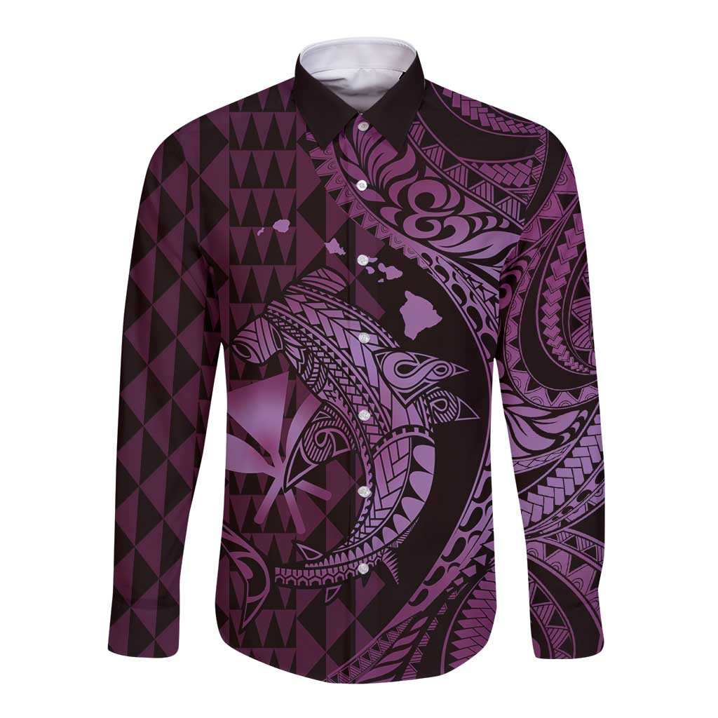 Aloha Hawaii Hammerhead Shark Long Sleeve Button Shirt Purple Kakau and Polynesian Tattoo LT03