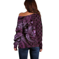 Aloha Hawaii Hammerhead Shark Off Shoulder Sweater Purple Kakau and Polynesian Tattoo LT03