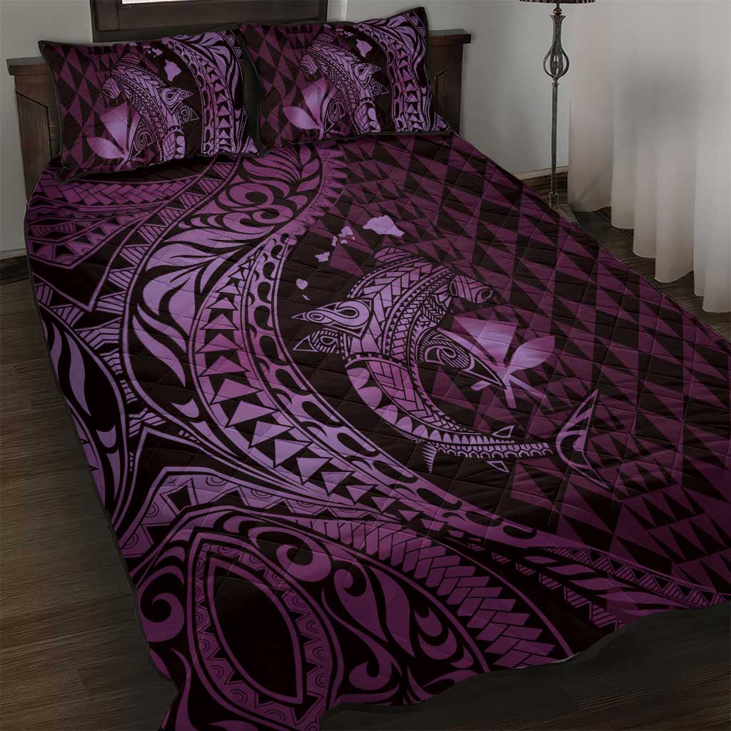 Aloha Hawaii Hammerhead Shark Quilt Bed Set Purple Kakau and Polynesian Tattoo LT03