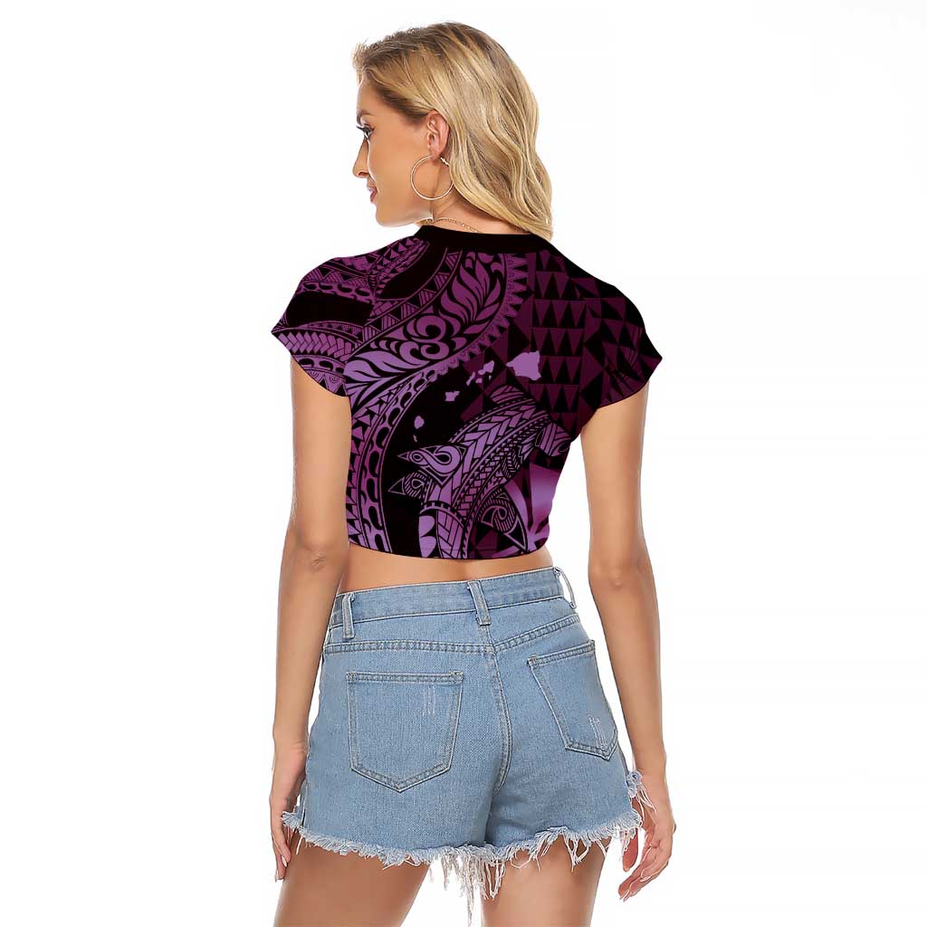 Aloha Hawaii Hammerhead Shark Raglan Cropped T Shirt Purple Kakau and Polynesian Tattoo LT03