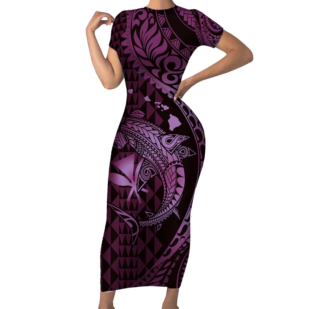 Aloha Hawaii Hammerhead Shark Short Sleeve Bodycon Dress Purple Kakau and Polynesian Tattoo LT03