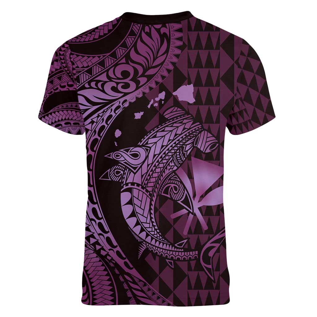Aloha Hawaii Hammerhead Shark Women V-Neck T-Shirt Purple Kakau and Polynesian Tattoo LT03