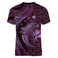 Aloha Hawaii Hammerhead Shark Women V-Neck T-Shirt Purple Kakau and Polynesian Tattoo LT03