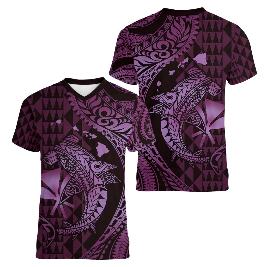 Aloha Hawaii Hammerhead Shark Women V-Neck T-Shirt Purple Kakau and Polynesian Tattoo LT03