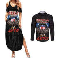 American Samoa Fautasi Couples Matching Summer Maxi Dress and Long Sleeve Button Shirt Pago Pago Aeto and Iseula o le Moana of Fagatogo Black Color - Polynesian Pride