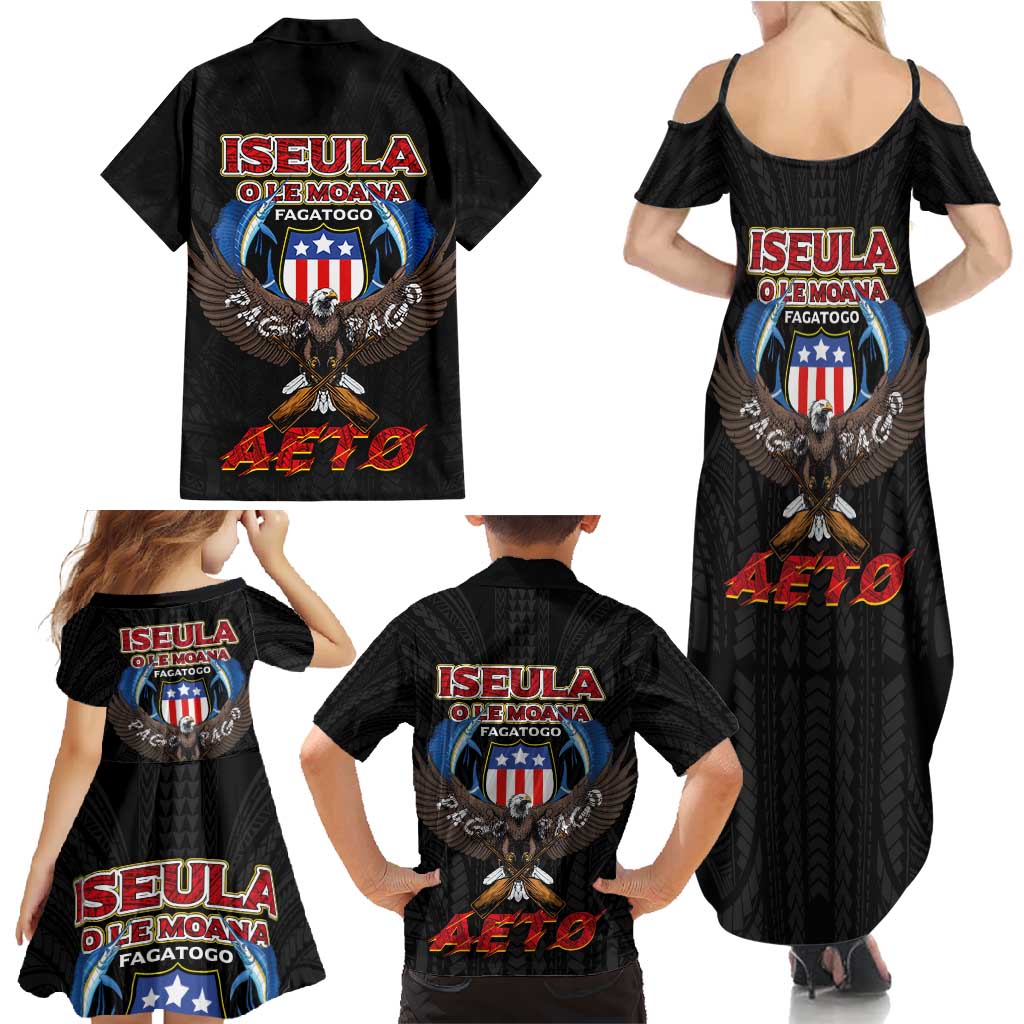 American Samoa Fautasi Family Matching Summer Maxi Dress and Hawaiian Shirt Pago Pago Aeto and Iseula o le Moana of Fagatogo Black Color - Polynesian Pride
