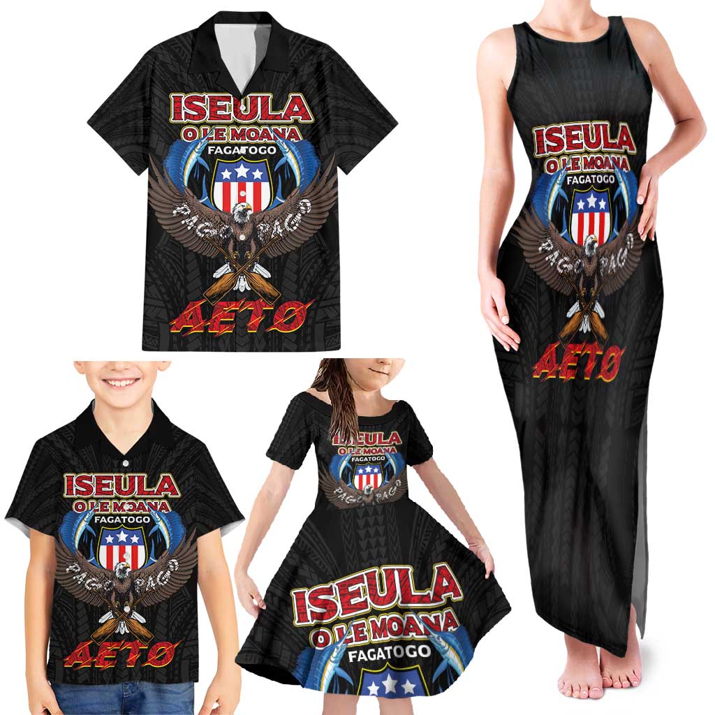 American Samoa Fautasi Family Matching Tank Maxi Dress and Hawaiian Shirt Pago Pago Aeto and Iseula o le Moana of Fagatogo Black Color - Polynesian Pride