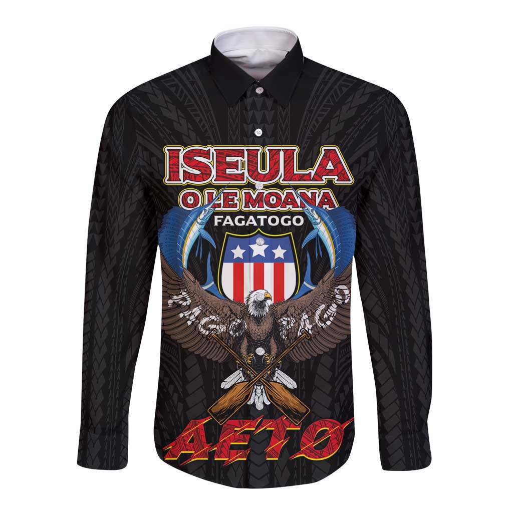 American Samoa Fautasi Long Sleeve Button Shirt Pago Pago Aeto and Iseula o le Moana of Fagatogo Black Color - Polynesian Pride